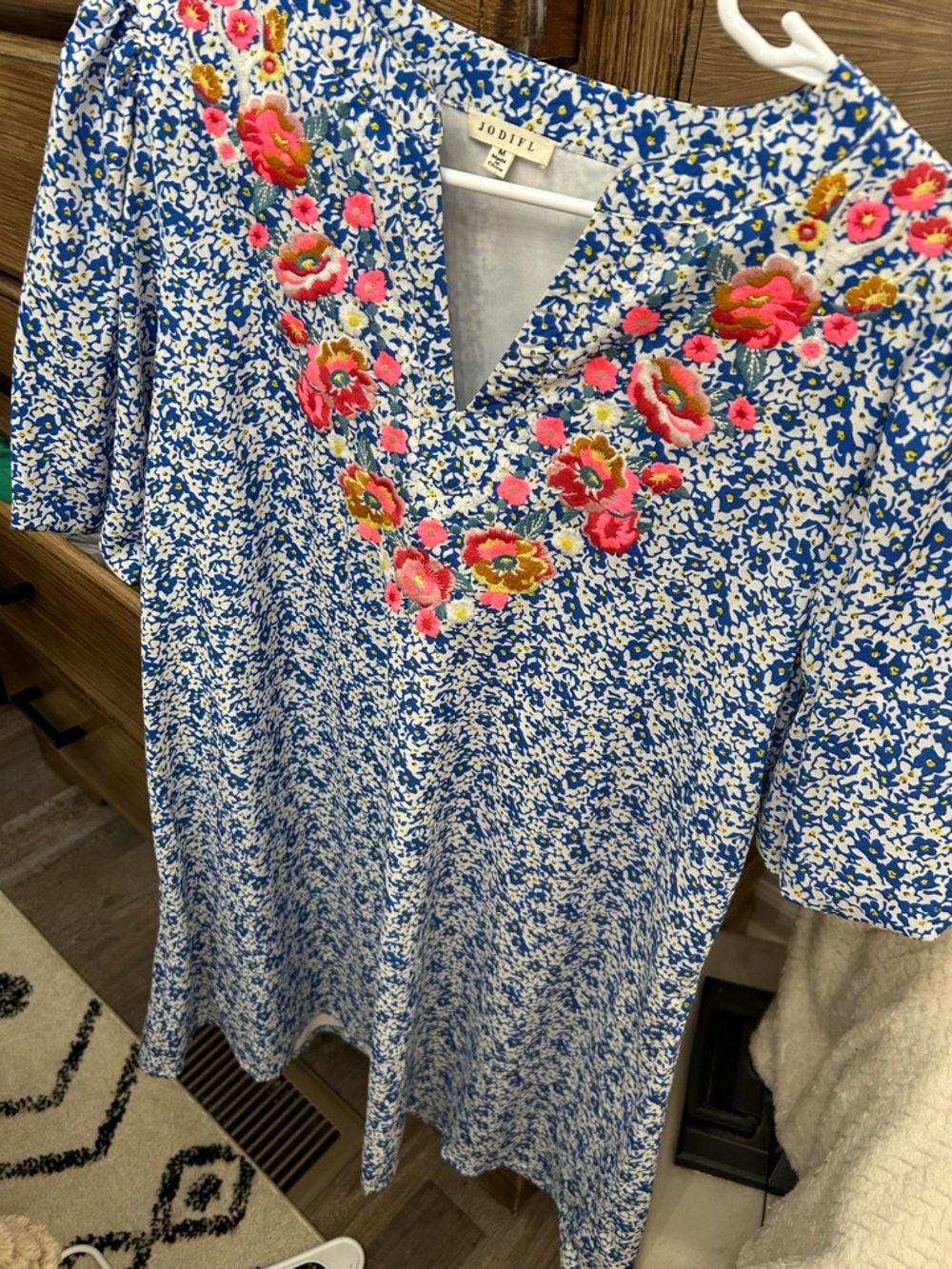 JODIFL Blue Floral Tunic with Pink Embroidered Neckline